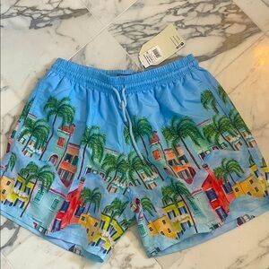 Men's Blue Tropical Print Swim Trunks. NWT